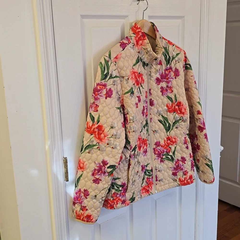 Lands' End Women's Quilted Floral Jacket Lightweight Coat  Ivory Green SZ Medium - Picture 6 of 15